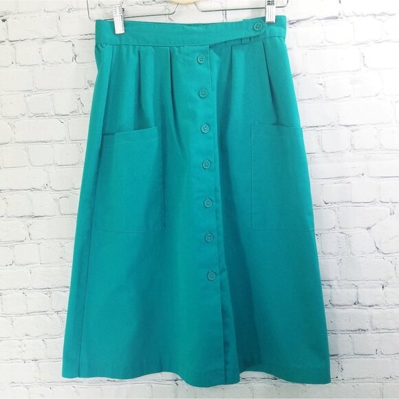 Vintage 1970s Teal A-Line Midi Skirt Button Front Large Pockets USA Made - Picture 10 of 11
